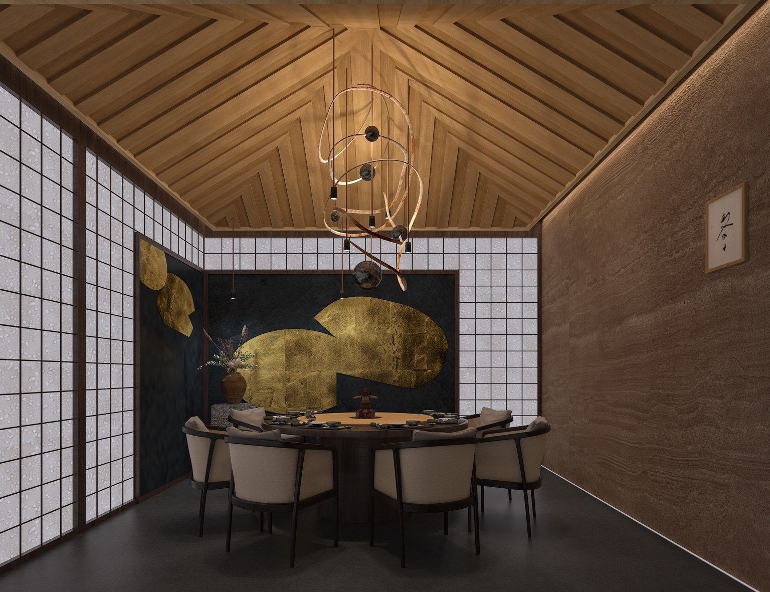 Private dining room with custom pendant — Rendering